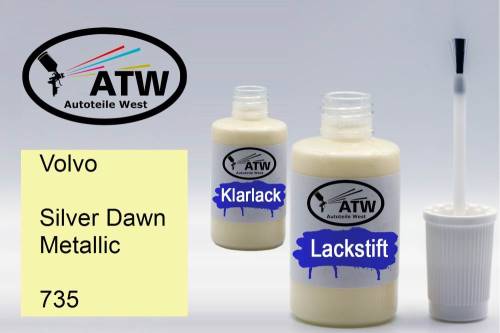 Volvo, Silver Dawn Metallic, 735: 20ml Lackstift + 20ml Klarlack - Set, von ATW Autoteile West.